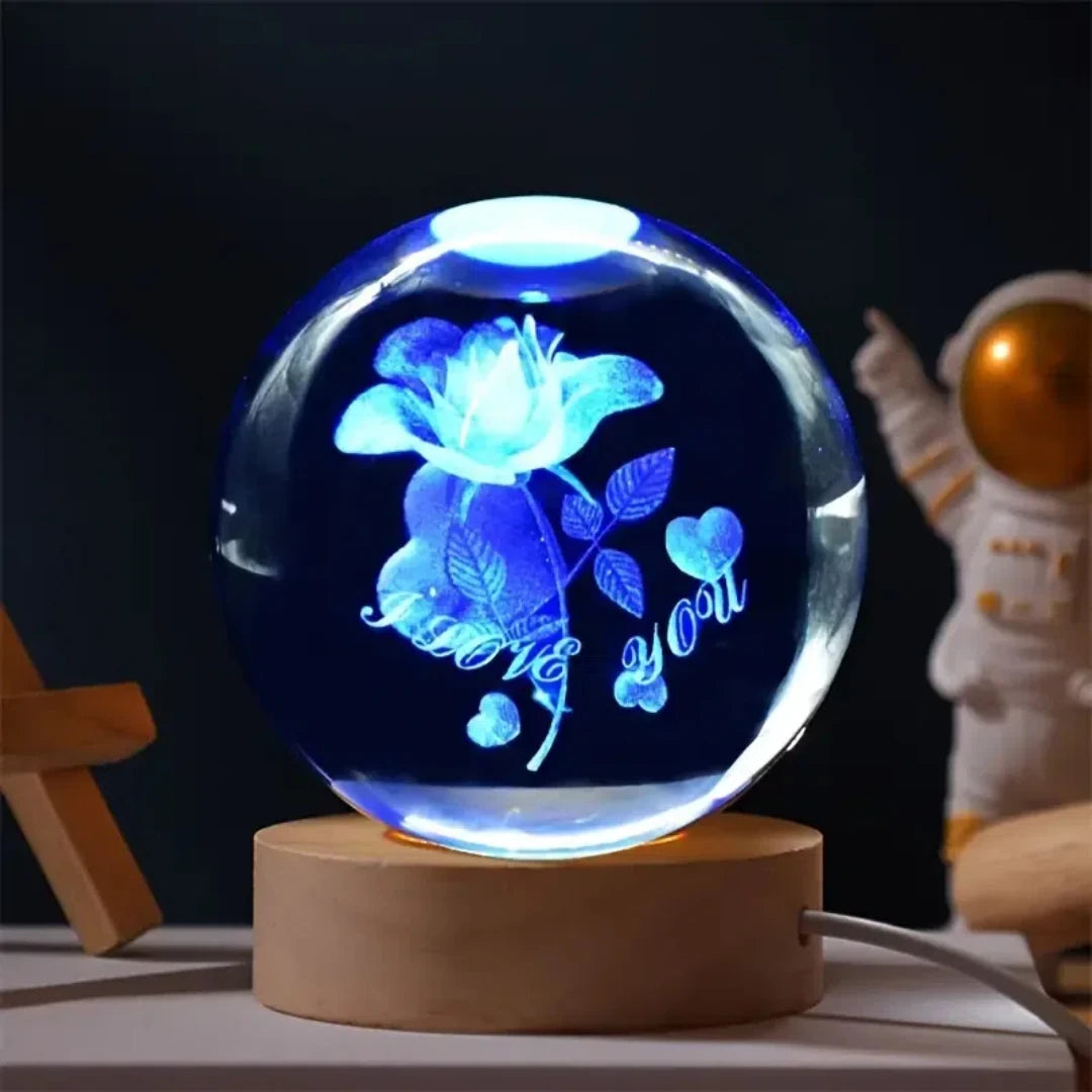 3D rose crystal ball LED night light with clear crystal sphere and warm glow