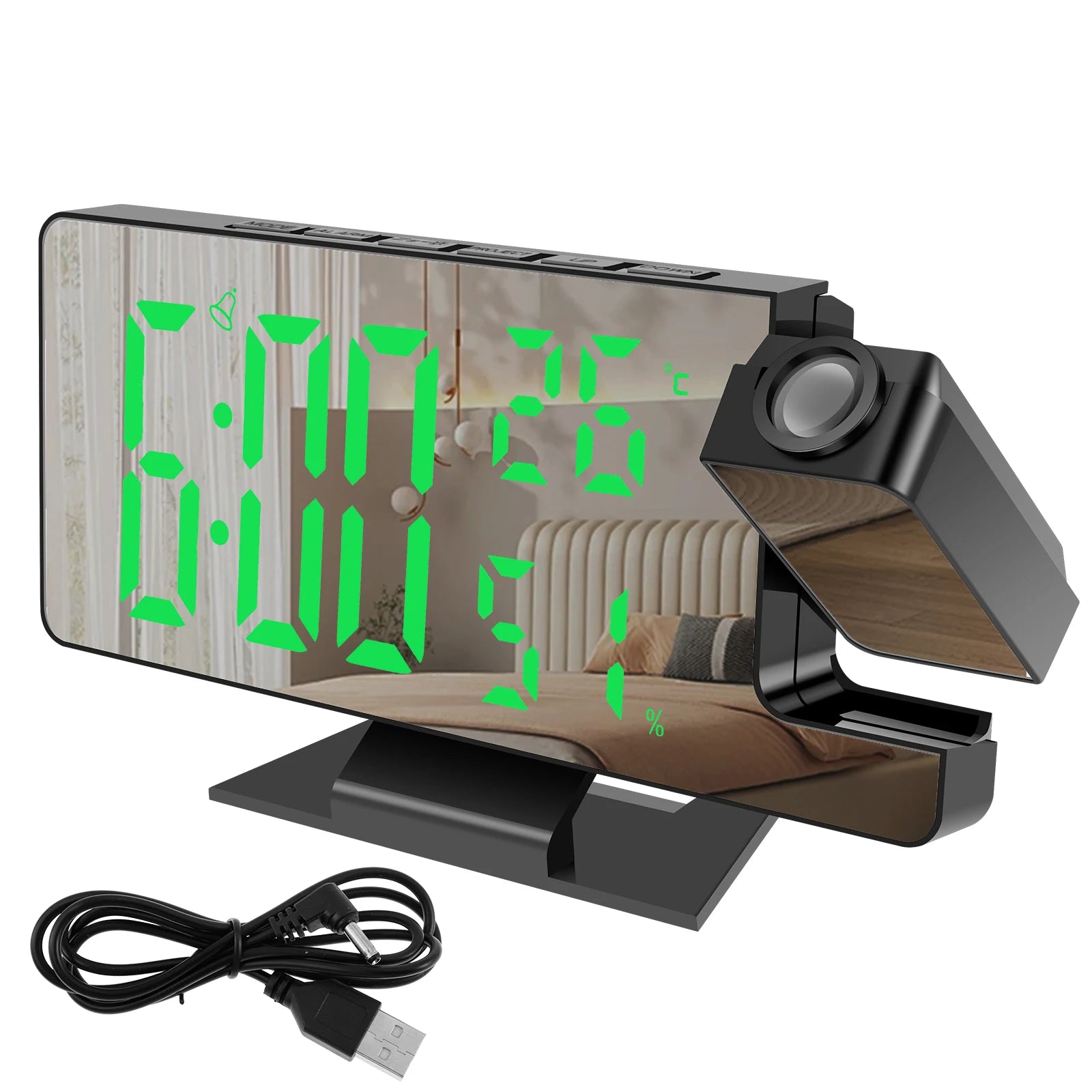 Minimalist LED alarm clock with 180° projection and snooze button