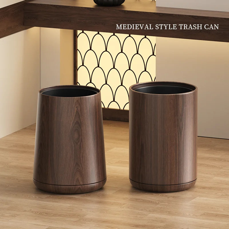 Leasylife Vintage Trash Can | Walnut Wood Pattern Metal Wastebasket for Bathroom & Living Room