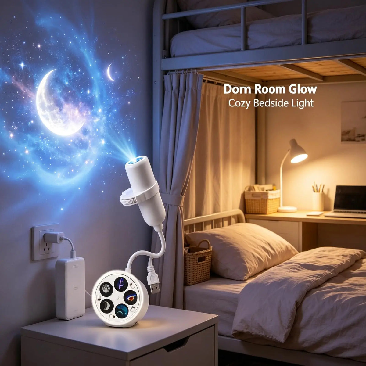 A bedside light projector device sits on a nightstand in a cozy bedroom, casting a blue galaxy-style glow onto the wall above the bed. The device has a white cylindrical head and a round control panel with colorful buttons.