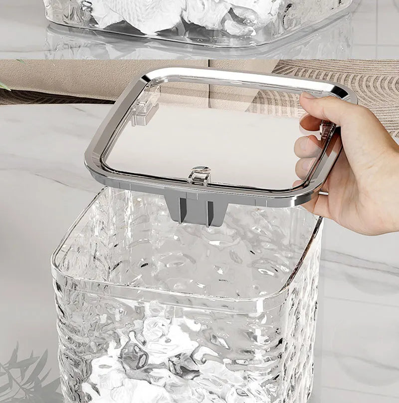 Mini Countertop Trash Can with Press Type Lid | Glacier Pattern Desktop Waste Bin for Home & Office