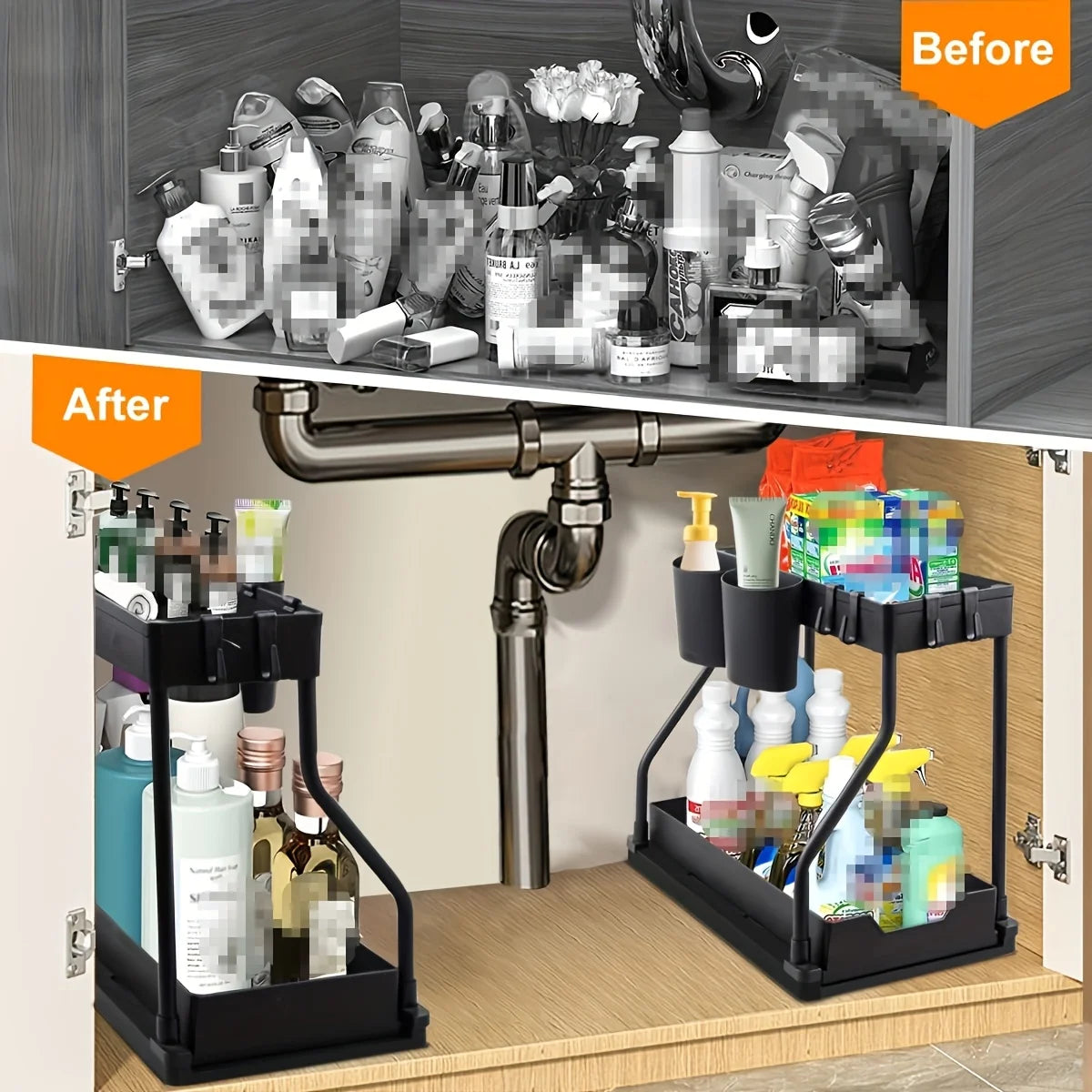 2 Pack 2-Tire Pull Out Under Sink Organizer Double Layer Kitchen Storage Shelf