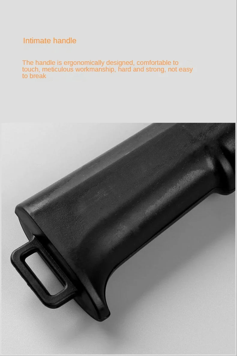 Black handle on a gray background with text describing its ergonomic design.