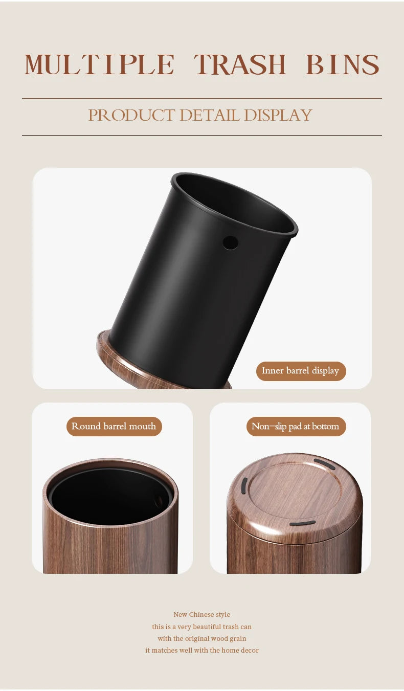 Leasylife Vintage Trash Can | Walnut Wood Pattern Metal Wastebasket for Bathroom & Living Room