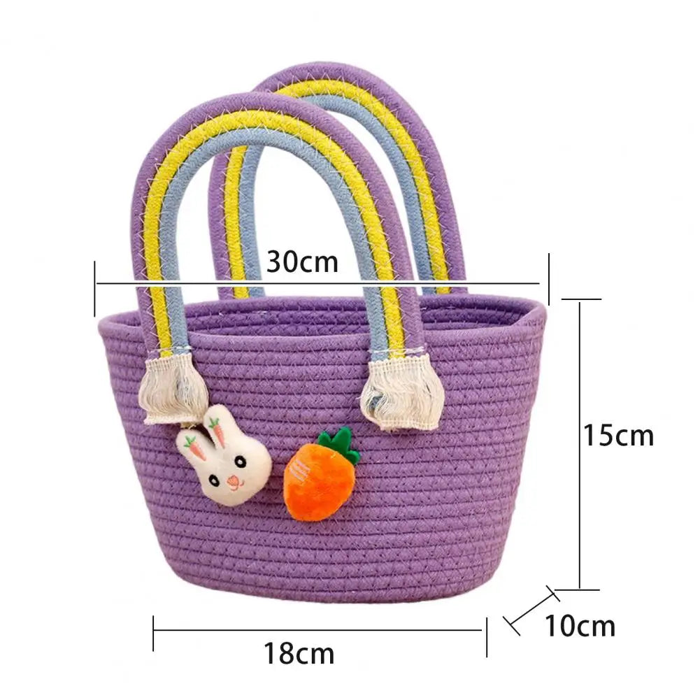 Easter Woven Bunny Basket with Handle Cotton Gift Basket for Egg Hunt