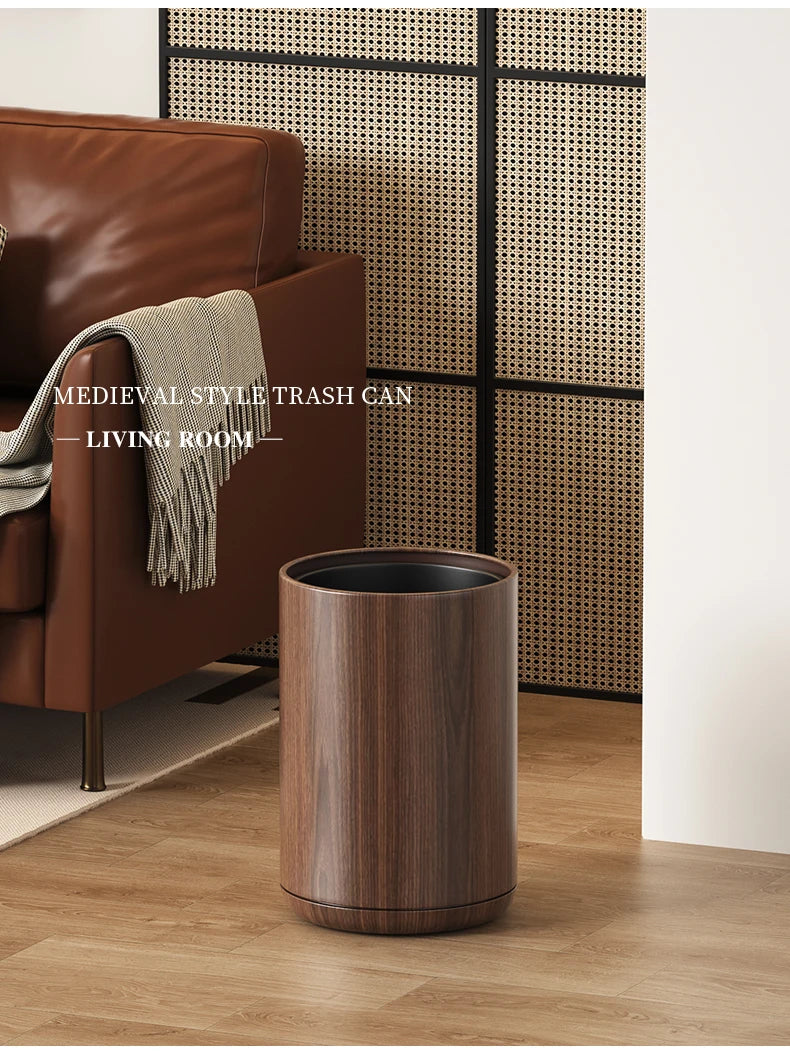 Leasylife Vintage Trash Can | Walnut Wood Pattern Metal Wastebasket for Bathroom & Living Room