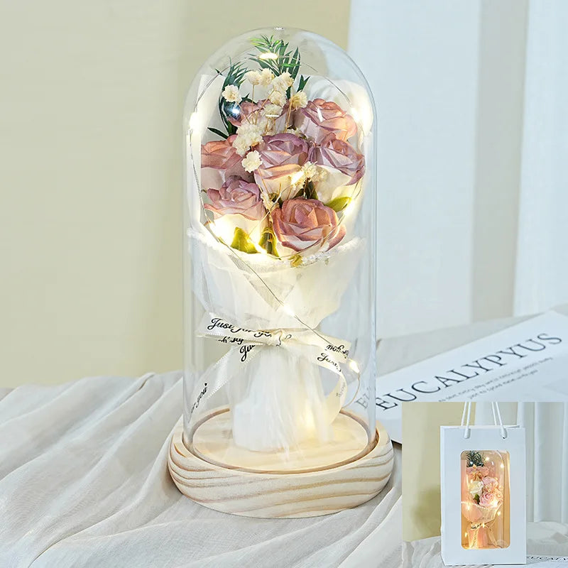 Romantic soap flower bouquet with acrylic cover and light

