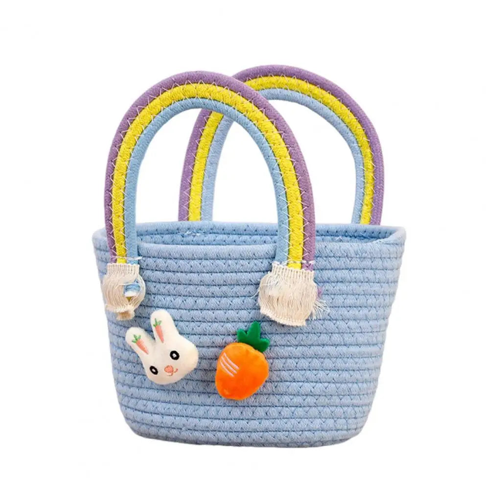 Easter Woven Bunny Basket with Handle Cotton Gift Basket for Egg Hunt