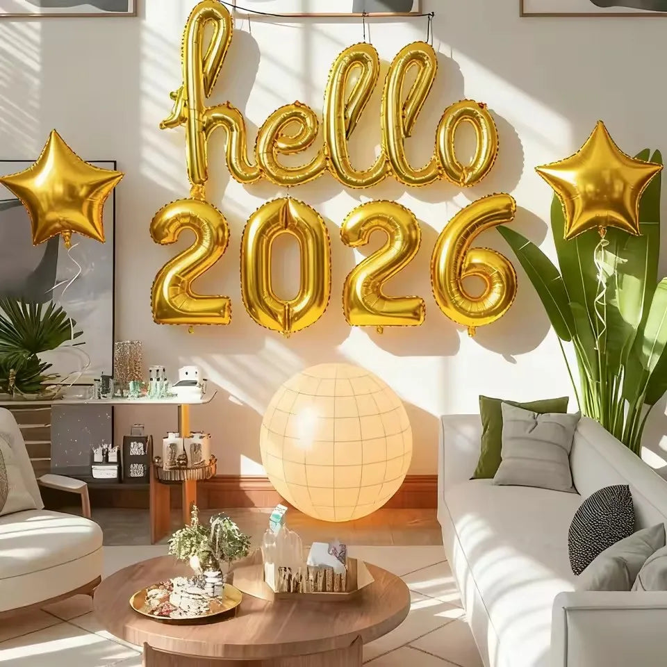 Hello 2026 New Year Aluminum Foil Balloon Set | Gold Hello & 2026 Number Balloons (7 PCS)