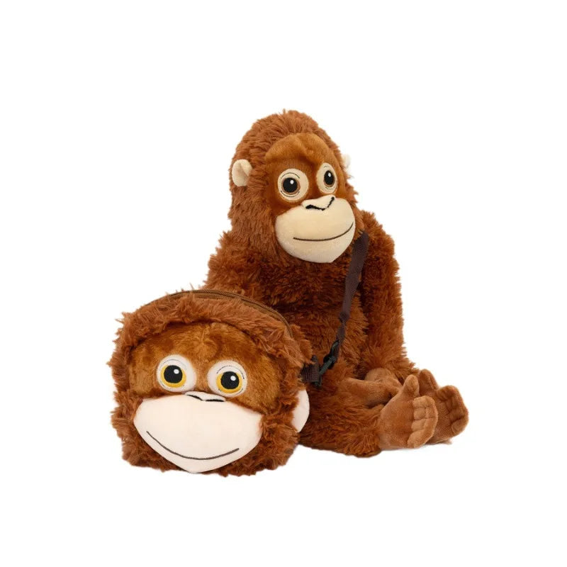 Two brown plush monkey toys on a white background
