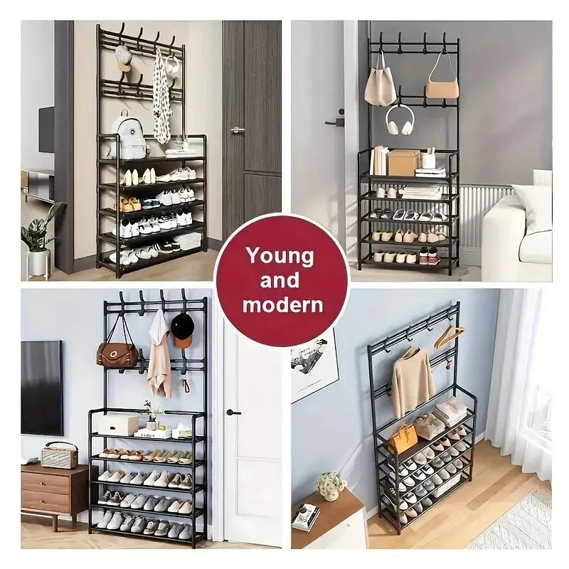 Metal Shoe Hanger and Double-Row Coat Rack Organizer