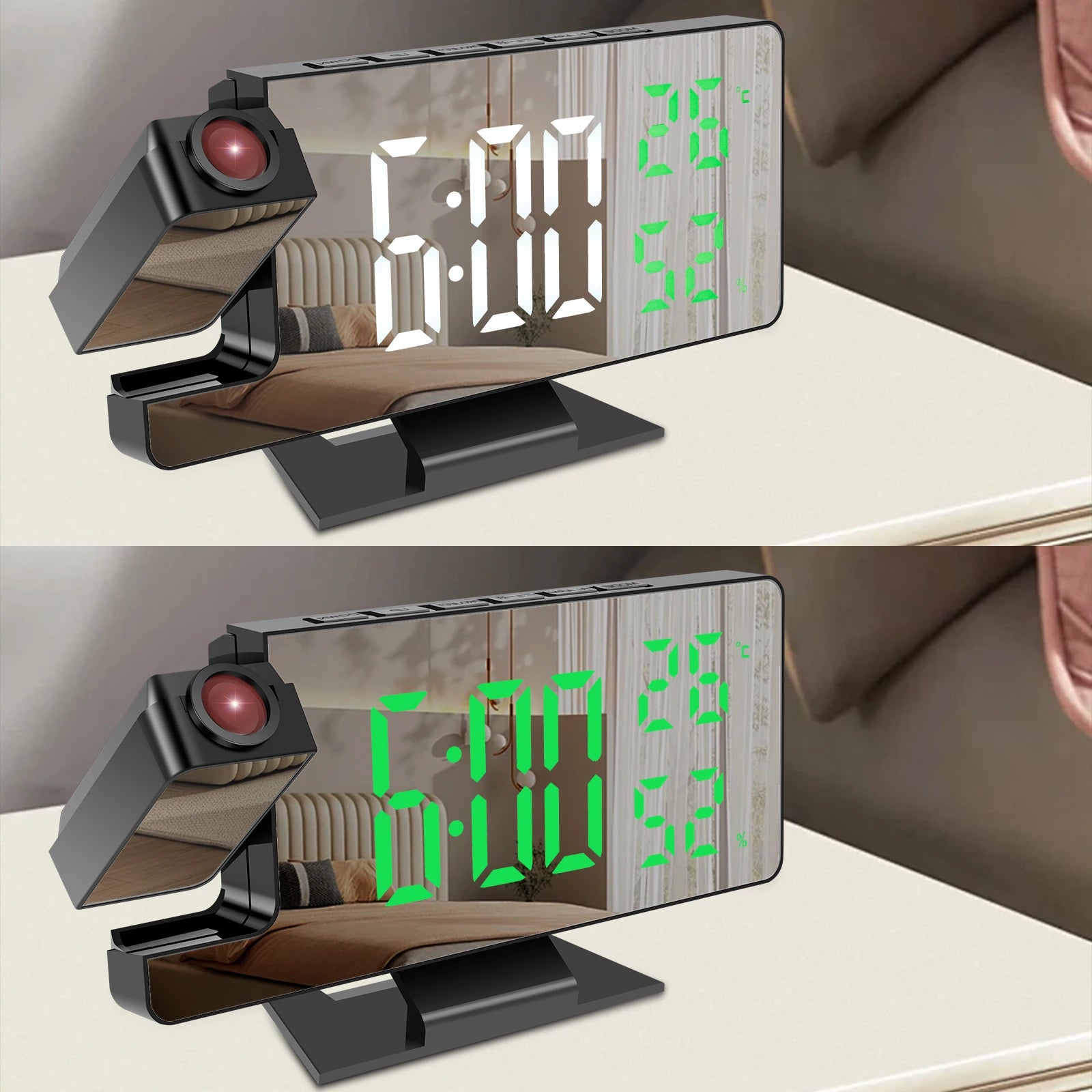 Compact LED projection alarm clock for bedroom or office decor
