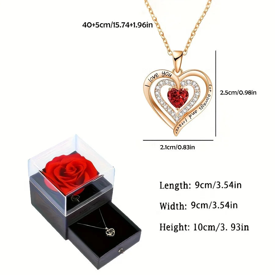 Elegant red zircon necklace with rose flower gift box