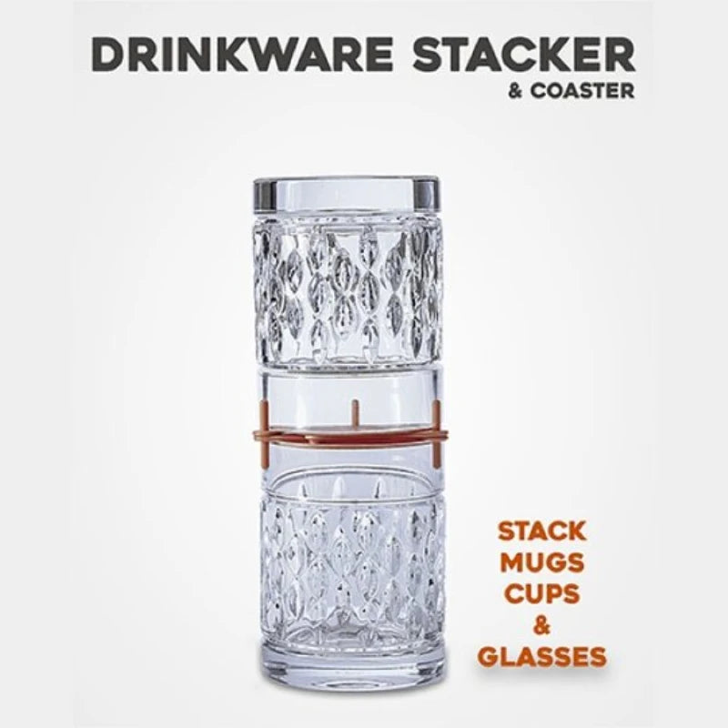 A clear glass drinkware stacker with two stacked textured mugs/cups and a copper-colored band, shown on a light gray background with text reading 'DRINKWARE STACKER & COASTER' and 'STACK MUGS CUPS & GLASSES'.