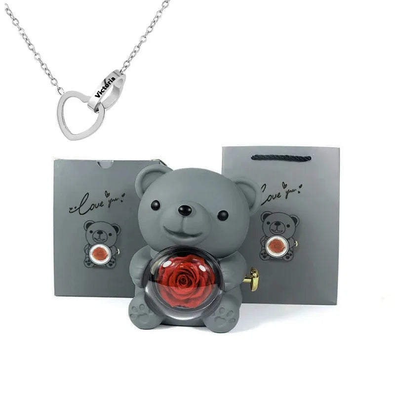 teddy bear gift box with custom heart necklace inside