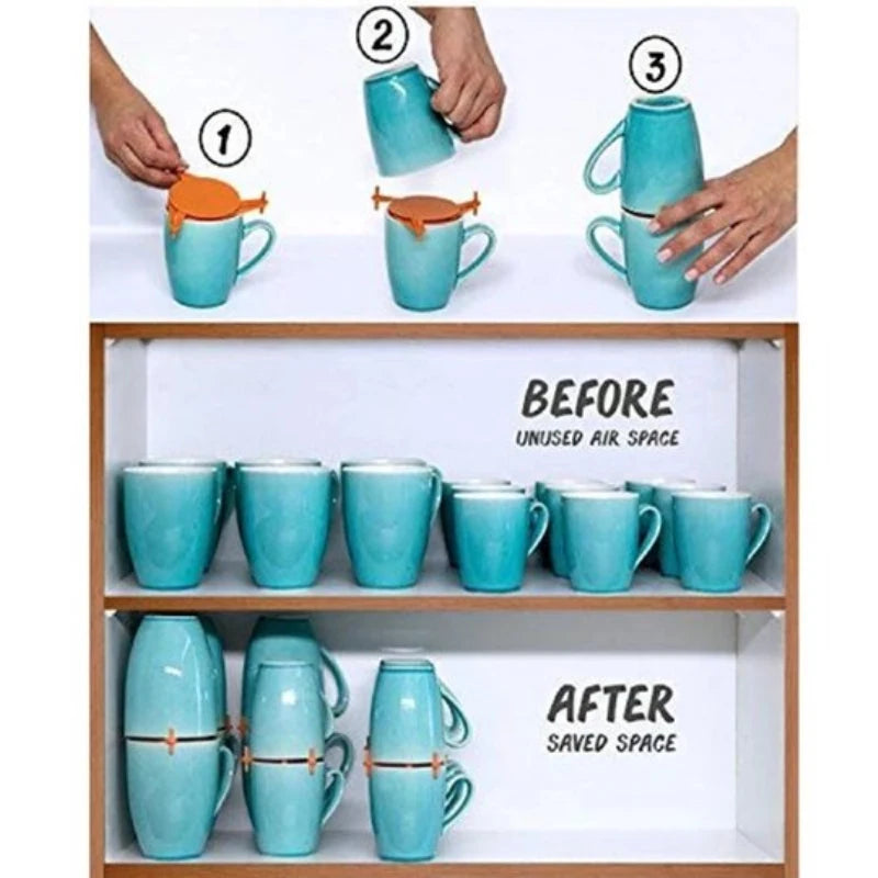 A product demonstration showing a turquoise mug with an orange lid/strainer on top, labeled steps 1, 2, and 3 with hands interacting with it. Below, two wooden shelves show a 'before' and 'after' comparison of mug storage, with the after view demonstrating saved space.
