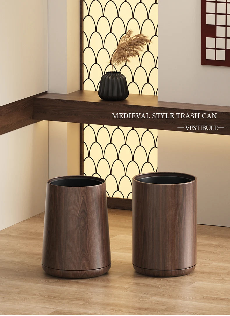 Leasylife Vintage Trash Can | Walnut Wood Pattern Metal Wastebasket for Bathroom & Living Room