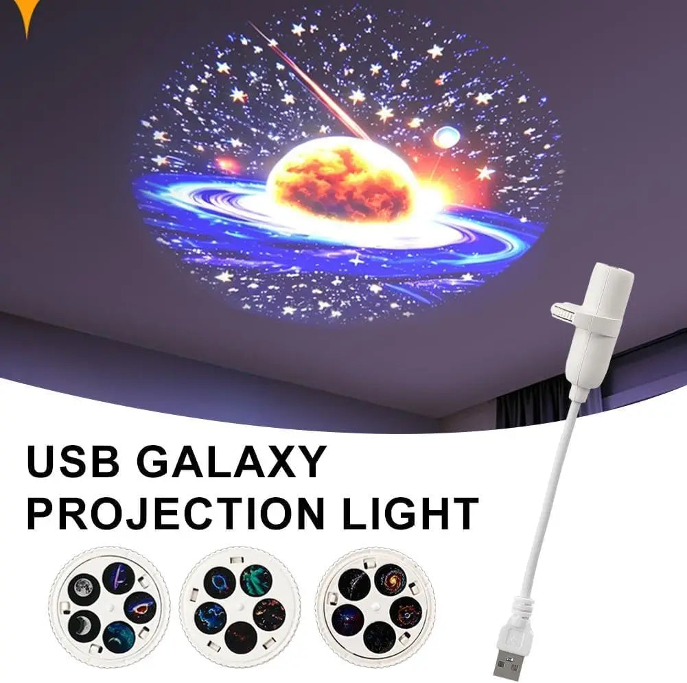 USB galaxy projection light shown projecting a colorful space scene onto a ceiling, with the white plug-in cable on the right and text reading 'USB GALAXY PROJECTION LIGHT' plus three small circular galaxy mode previews at the bottom.