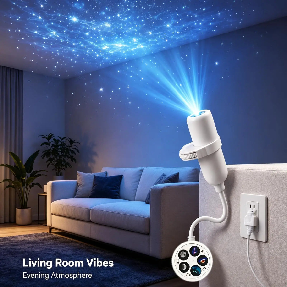 A wall-mounted projector lamp on a living room wall projects a starry blue night-sky scene onto the ceiling and wall. The lamp has a white body with a flexible arm and a round control panel showing different star patterns.