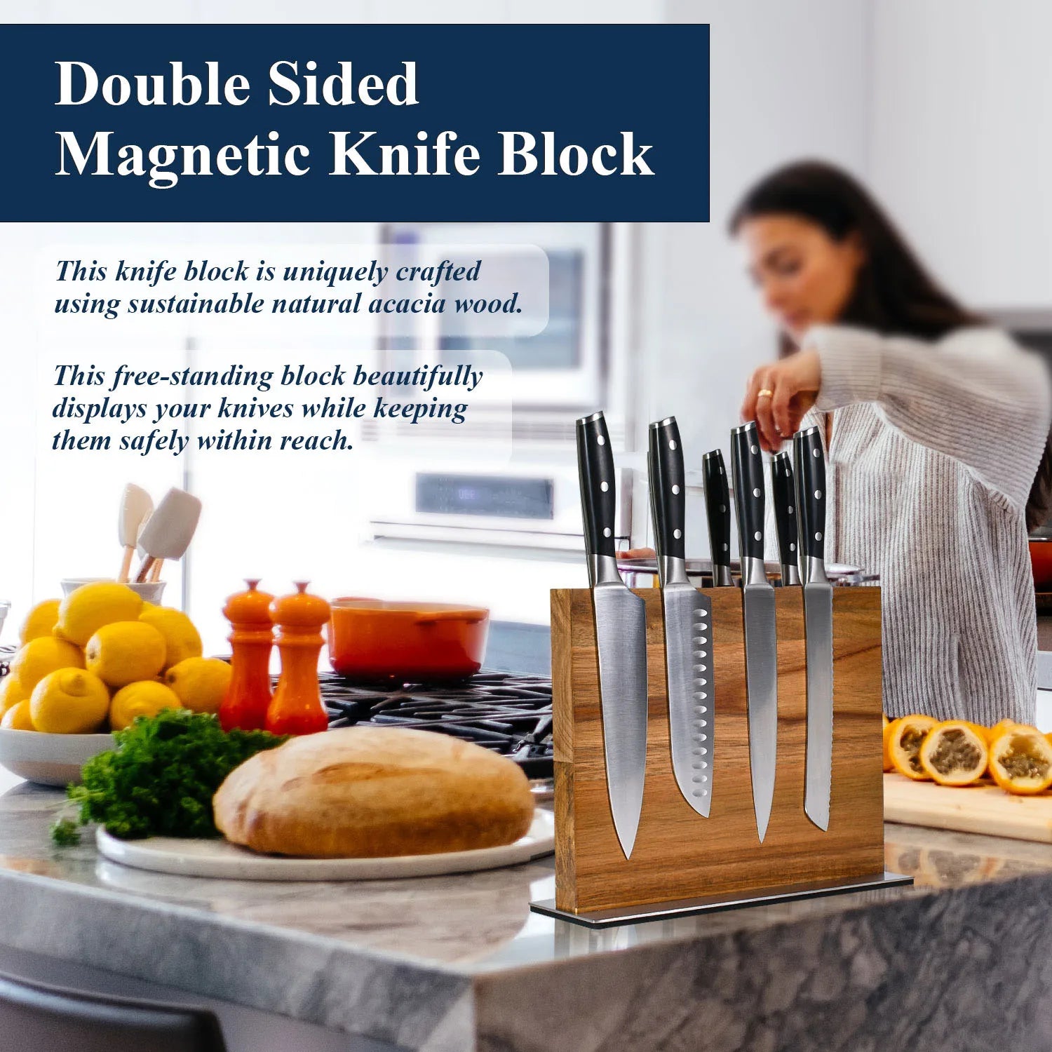 Acacia wood magnetic knife block – safe and stylish kitchen knife holder USA