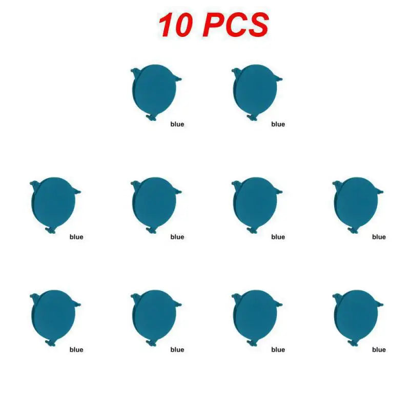 Nine blue cartoon-like shapes on a white background