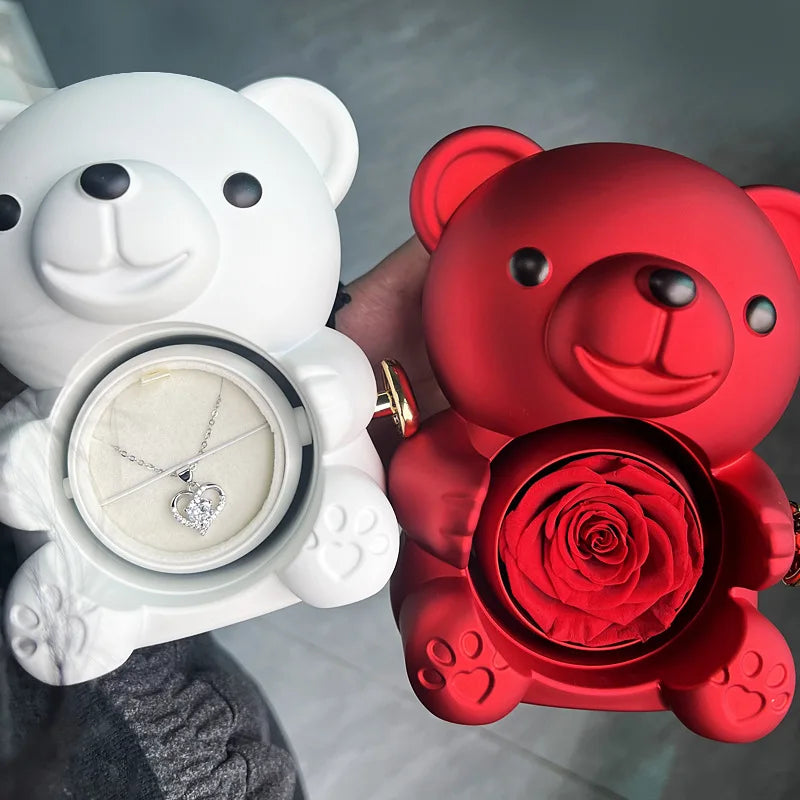 romantic teddy bear gift with eternal rose and personalized necklace