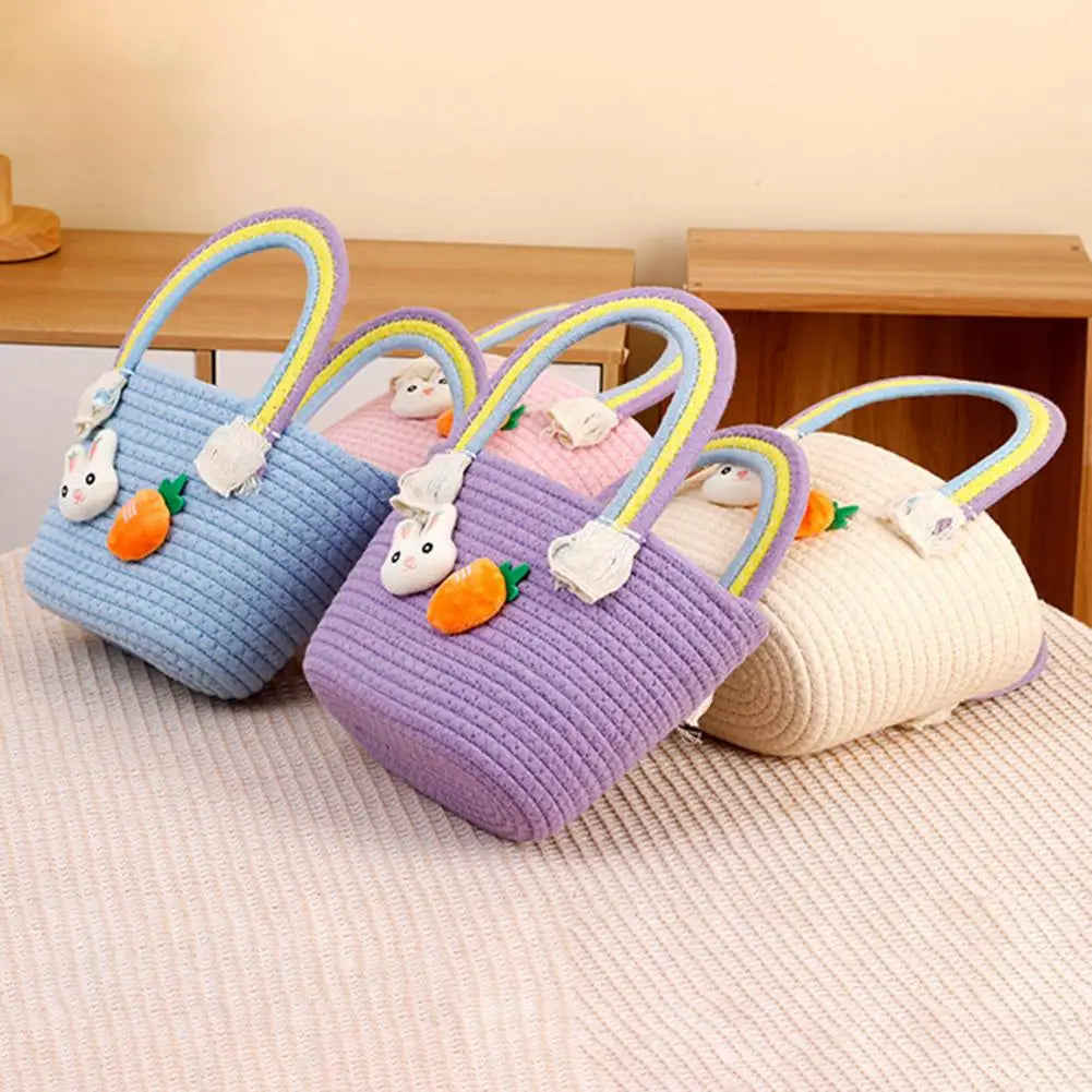 Easter Woven Bunny Basket with Handle Cotton Gift Basket for Egg Hunt