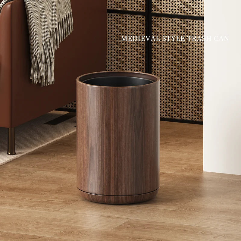 Leasylife Vintage Trash Can | Walnut Wood Pattern Metal Wastebasket for Bathroom & Living Room