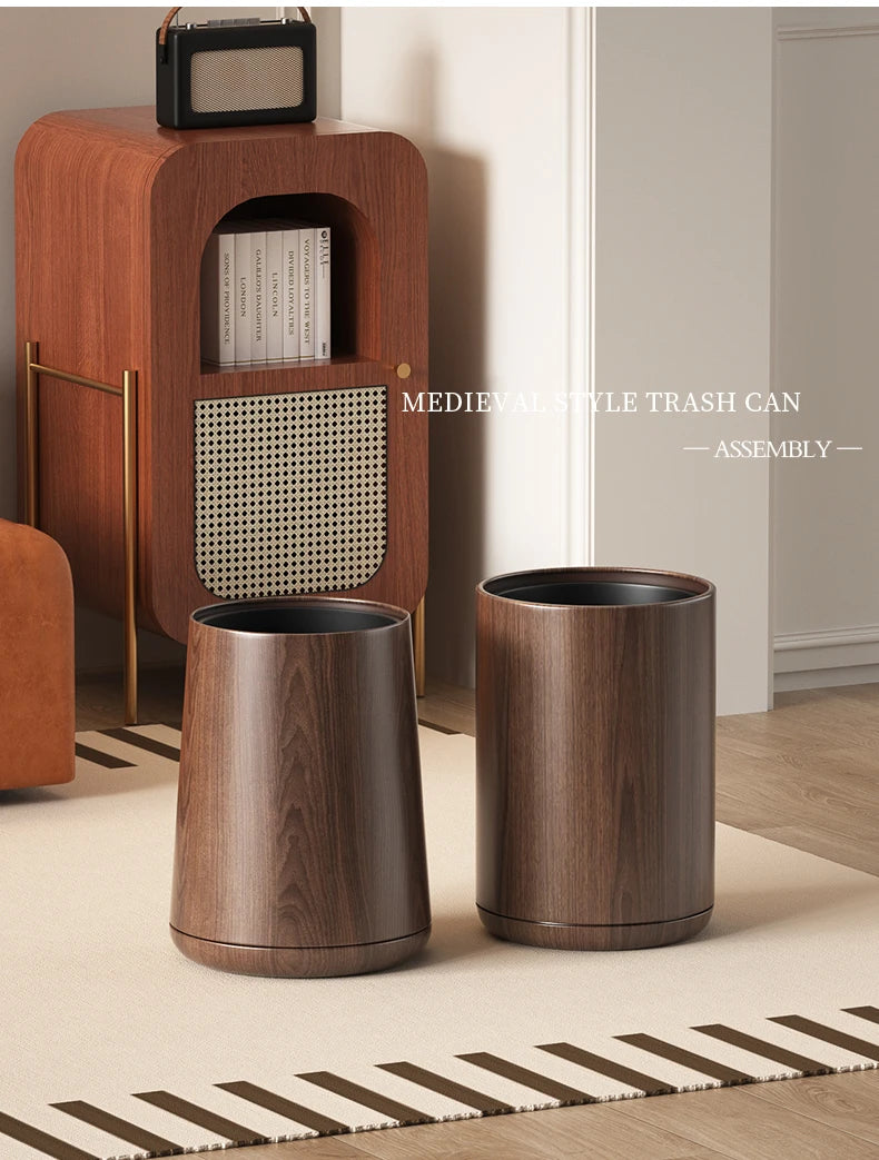 Leasylife Vintage Trash Can | Walnut Wood Pattern Metal Wastebasket for Bathroom & Living Room