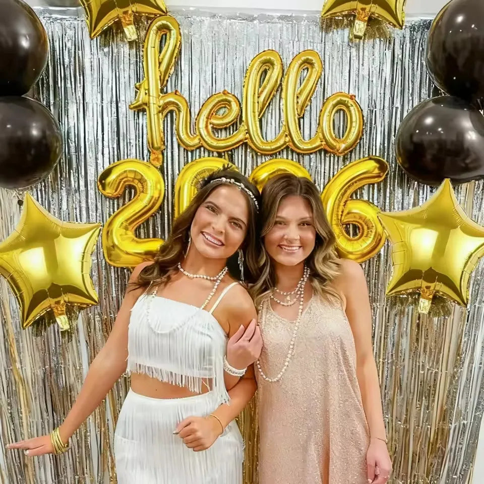 Hello 2026 New Year Aluminum Foil Balloon Set | Gold Hello & 2026 Number Balloons (7 PCS)