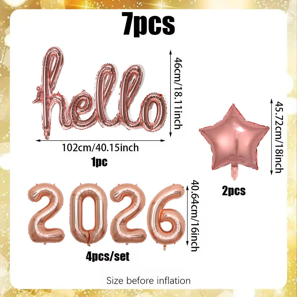 Hello 2026 New Year Aluminum Foil Balloon Set | Gold Hello & 2026 Number Balloons (7 PCS)