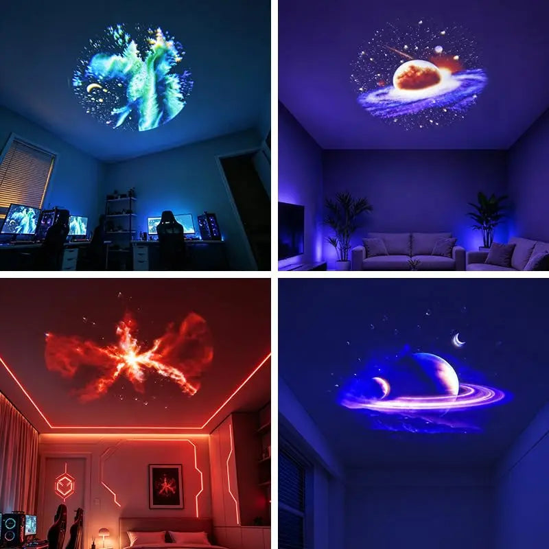 A 2x2 collage showing four different galaxy and space-themed wall or ceiling projection designs displayed in real rooms: a blue nebula, a red planet with rings, a red cosmic burst, and a blue planet with a ringed planet under stars.