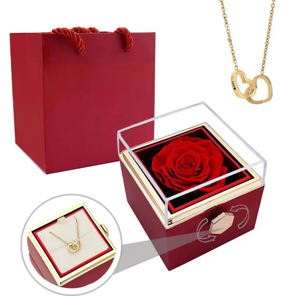 eternal real rose rotating box with custom engraved double heart necklace