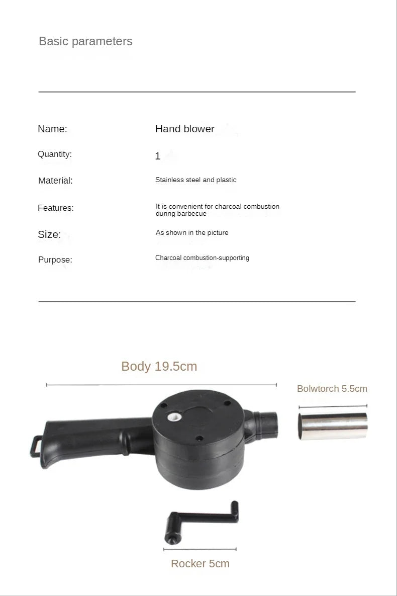 Hand blower with specifications on a white background