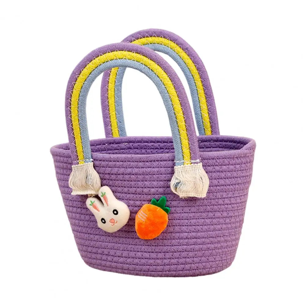Easter Woven Bunny Basket with Handle Cotton Gift Basket for Egg Hunt