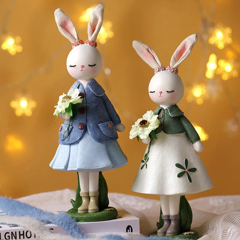 2Pc Cute Easter Cartoon Resin Rabbit Table Ornament Forest Style Party Decor