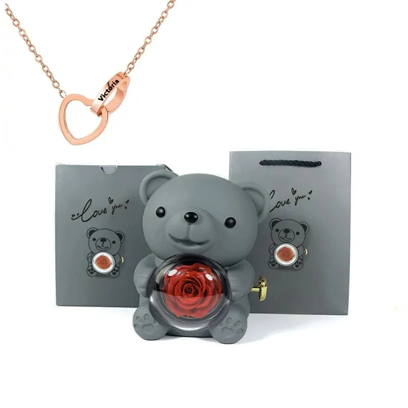 romantic anniversary gift teddy bear with rose and necklace