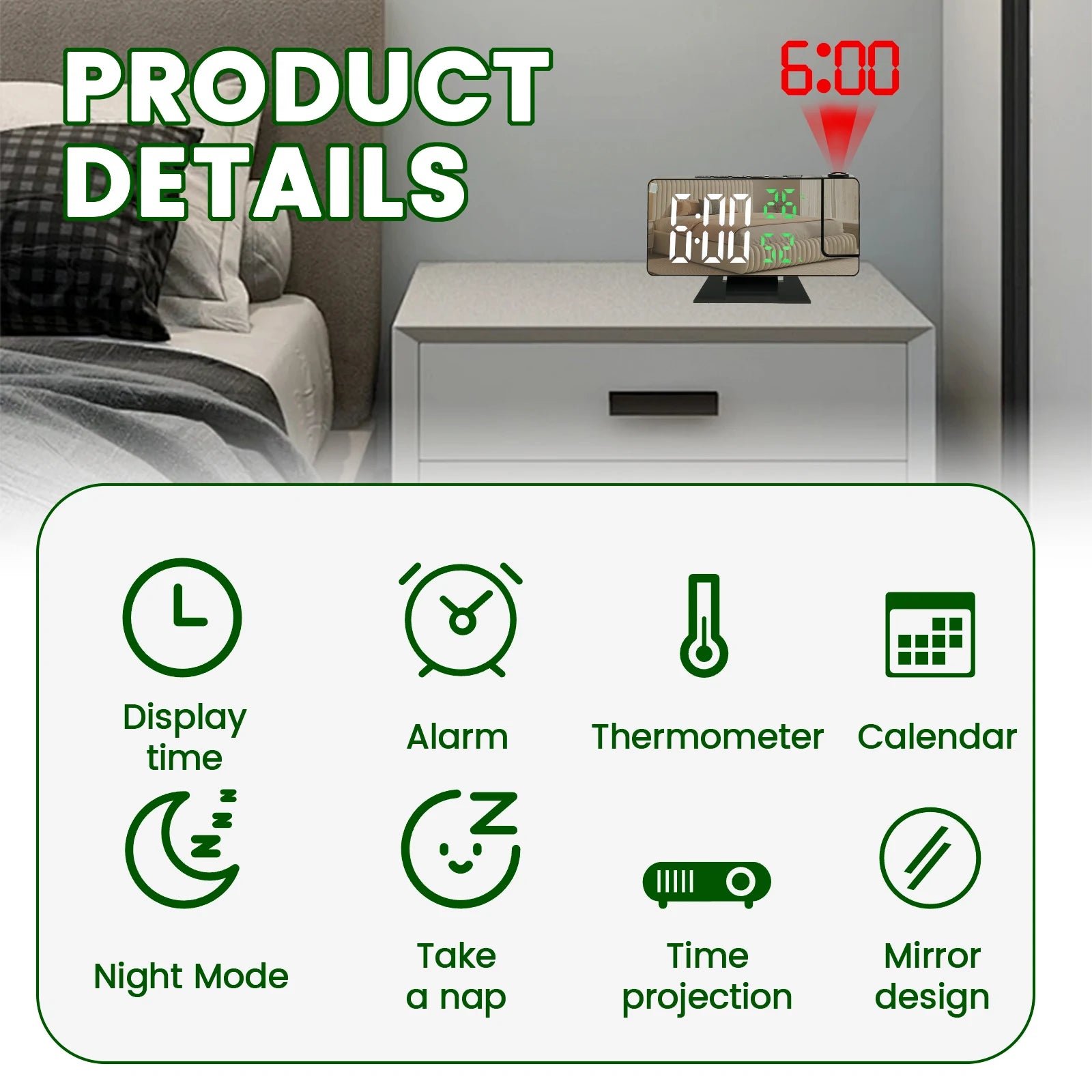 Projection alarm clock displaying time on wall with 180° rotation