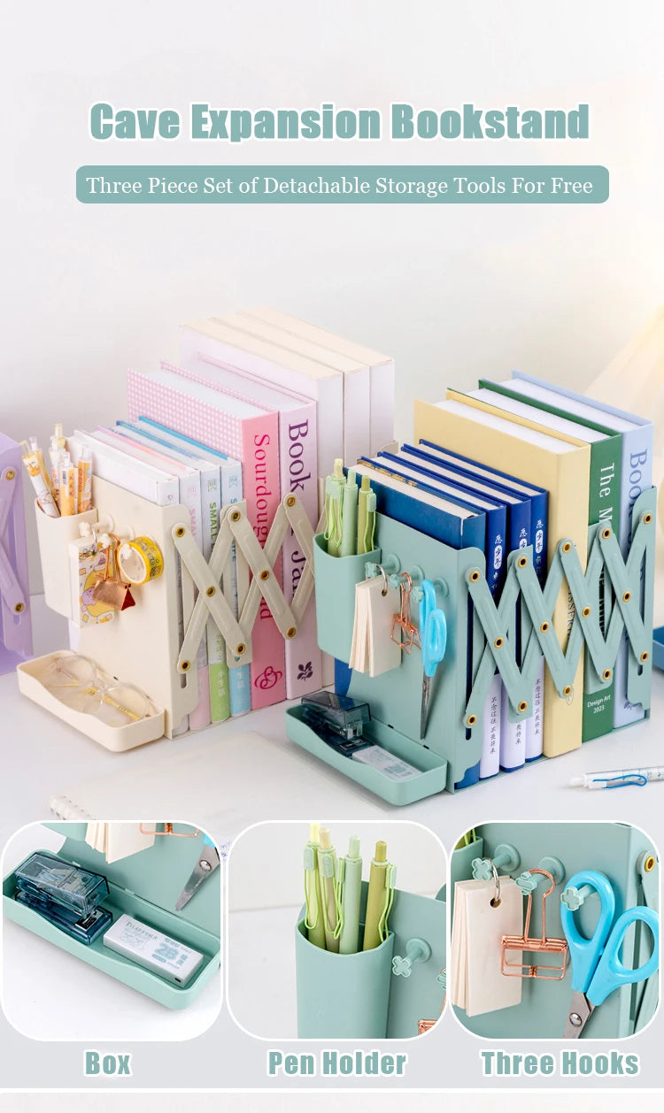 Retractable book stand – metal desktop organizer with book clip and pen holder USA
