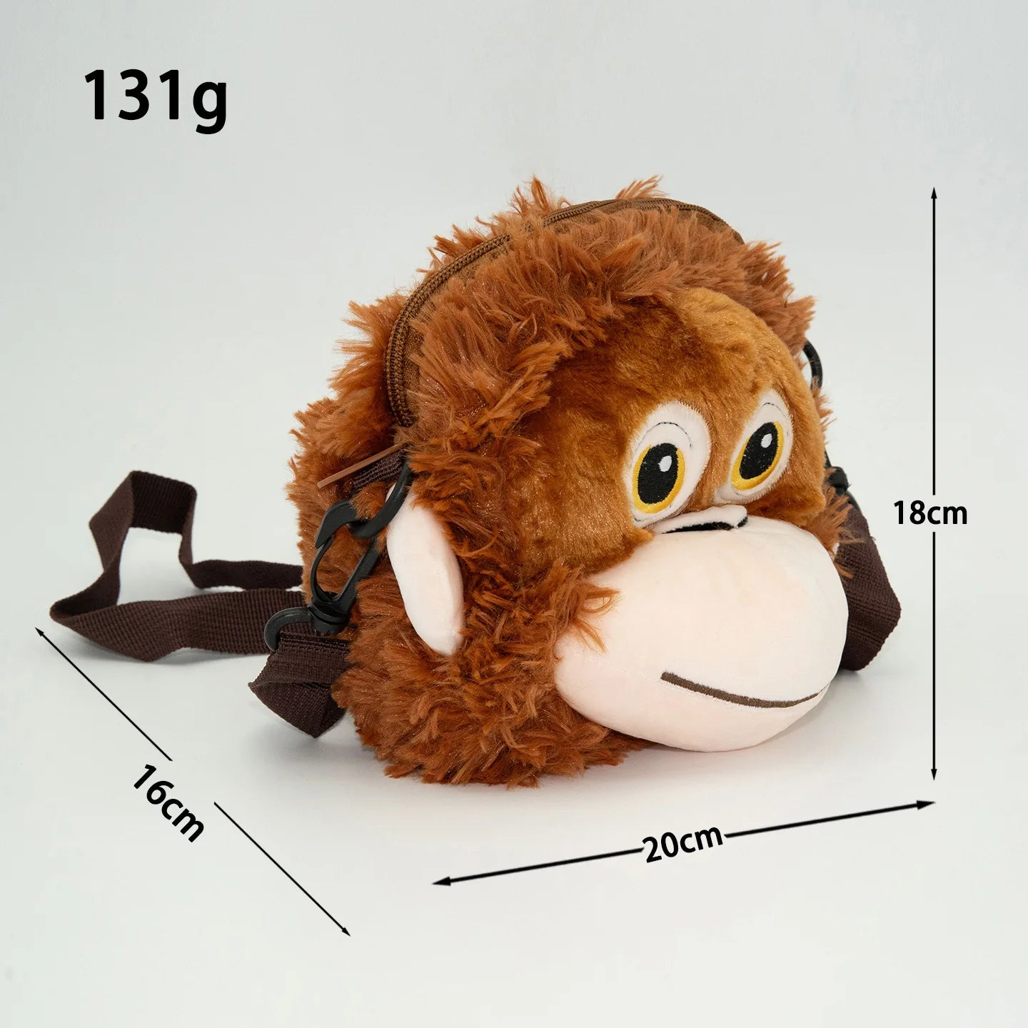 Brown plush monkey bag with measurements and weight on a light gray background