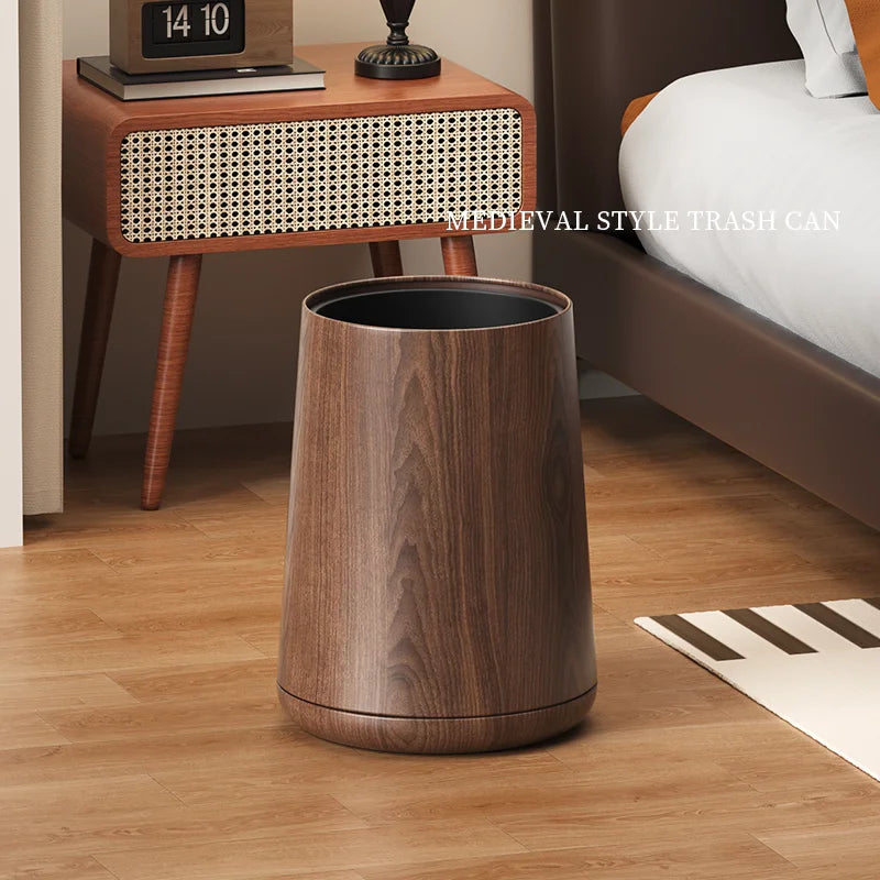 Leasylife Vintage Trash Can | Walnut Wood Pattern Metal Wastebasket for Bathroom & Living Room