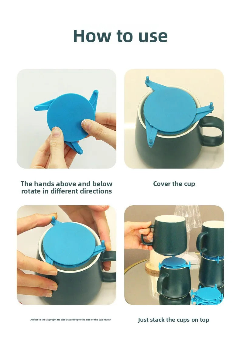 Instruction graphic titled 'How to use' showing four panels with hands demonstrating how to place, rotate, and stack a blue lid on dark green cups and mugs.