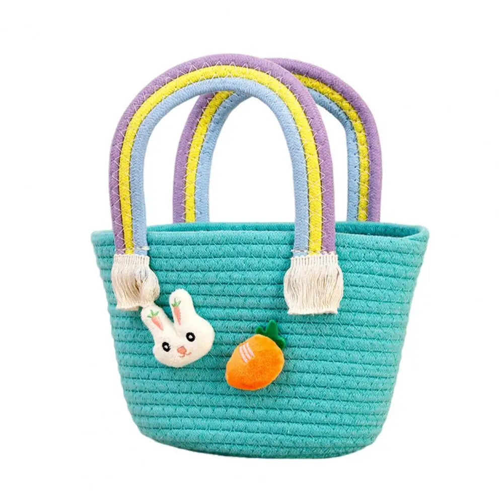 Easter Woven Bunny Basket with Handle Cotton Gift Basket for Egg Hunt