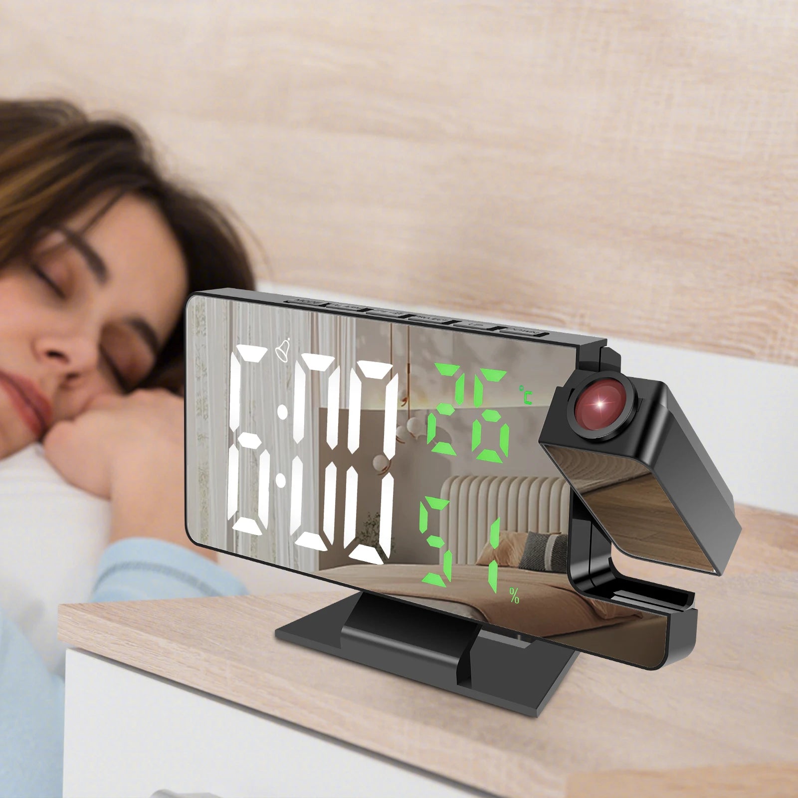 Rotatable projector clock with large numbers and snooze feature