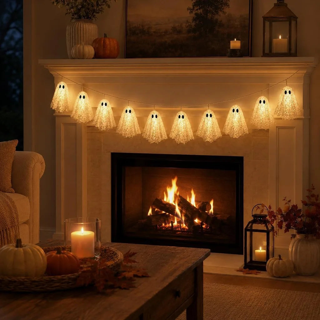 Halloween Ghost String Lights – Cream Lace Garland with 10 Ghosts