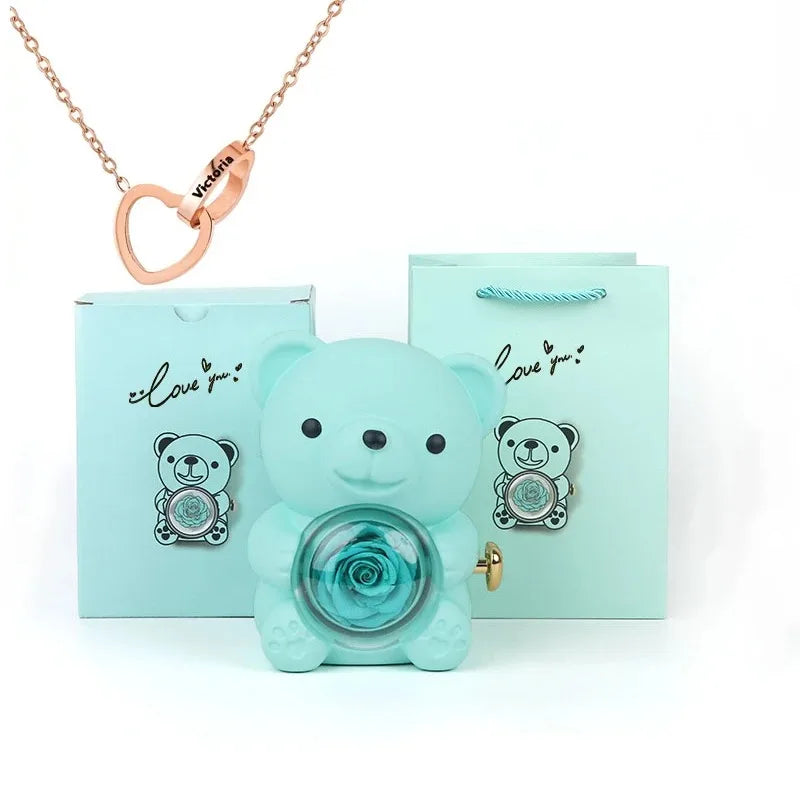 cute teddy bear jewelry box with eternal rose necklace