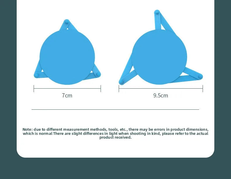 Blue circular folding stand shown from two angles with dimension labels 7 cm and 9.5 cm, plus a note about measurement errors, on a white card over a dark teal background.