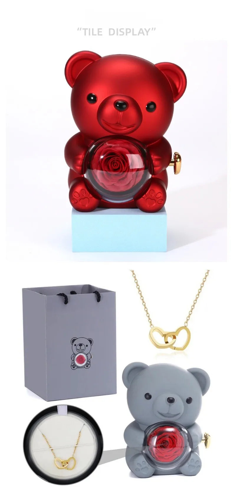 teddy bear rose gift with custom engraved name necklace