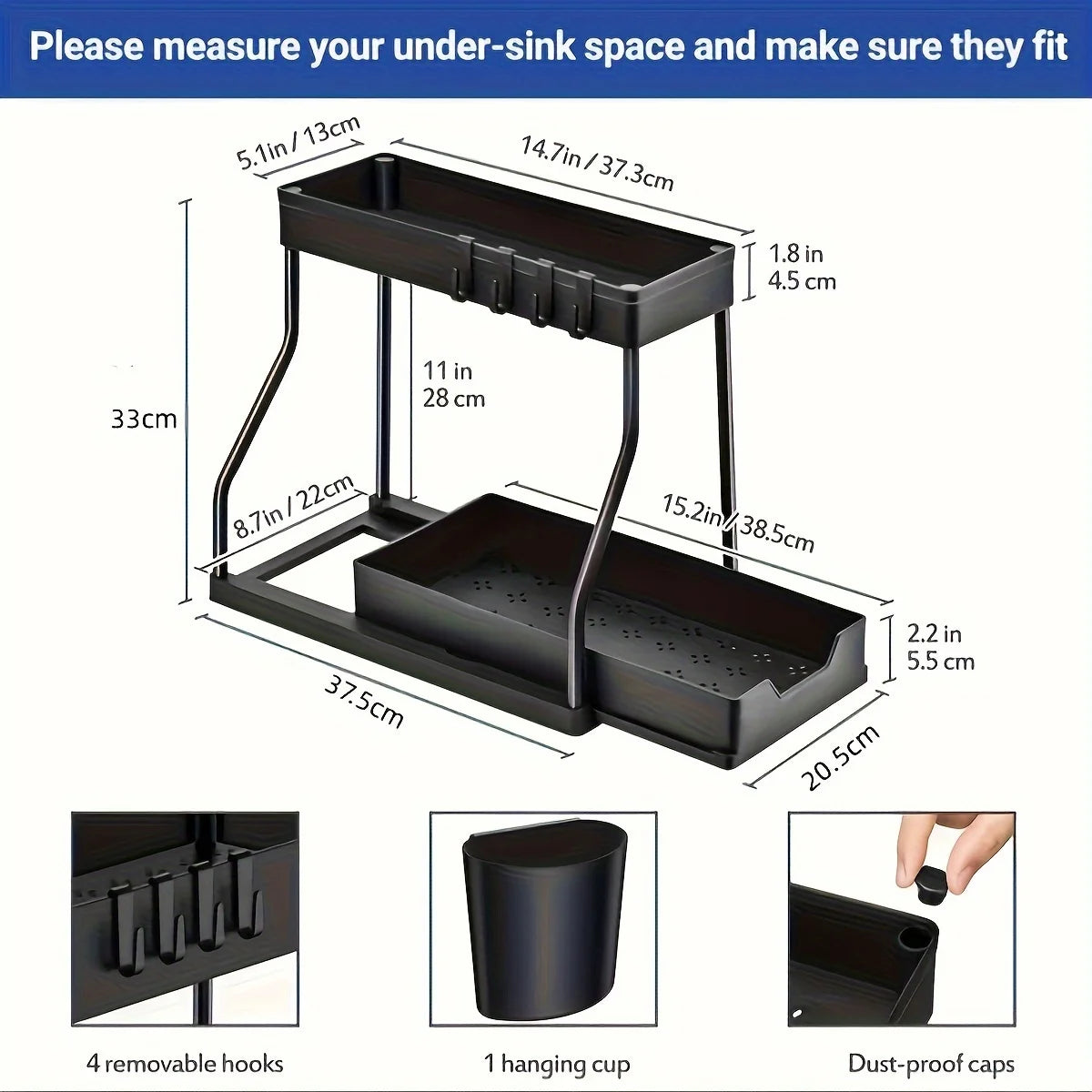 2 Pack 2-Tire Pull Out Under Sink Organizer Double Layer Kitchen Storage Shelf