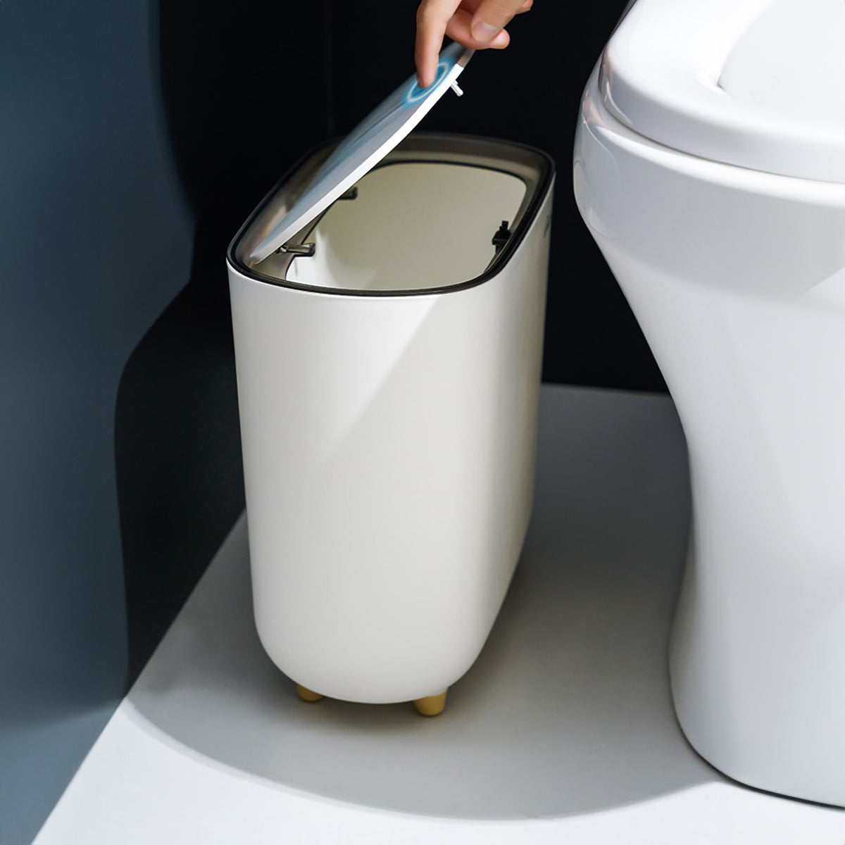 Smart touchless trash bin placed in kitchen area